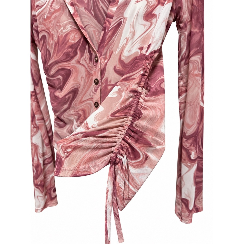 Skönhet Pink Marble Print Mesh Ruched Side Button Down Shirt Y2K Aesthetic - Picture 4 of 6